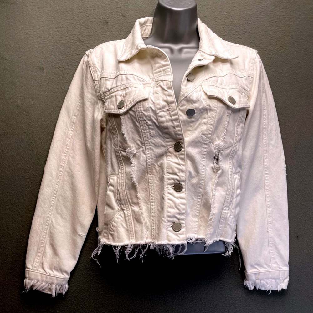 BlankNYC Women Denim Jacket White Distressed Frayed XS coastal Western Edgy